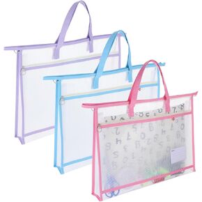 3 Pack Sewing Project Bag 17.72x12.99 Inches Craft Storage for Quilters Art Portfolio Bags with Handle and Zipper Mesh Folder Organizers for Artworks Charts Poster Scrapbook