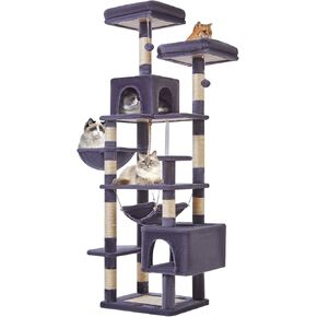 Taoqimiao Cat Tree, 71-Inch Cat Tree Cat Tower for Indoor Cats, Plush Multi-Level Cat Condo with 10 Scratching Posts, 2 Perches,Basket, 2 Caves,Hammock, 2 Pompoms,MS020G Beige Smoky Gray