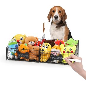 Beveetio Large Dog Toy Basket Bin with Removable Divider, Foldable Metal Dog Toy Storage Box for Living Room Area, Chew-Proof Pet Supplies Holder with Personalized Writable Bone-Shaped Board & Marker