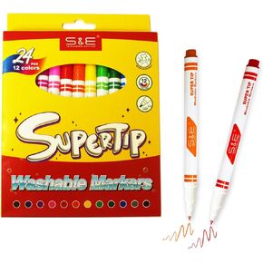 S & E TEACHER'S EDITION 24 Count Coloring Markers Set, Fine Tip Washable Markers, Super Tips Colored Markers Drawing Markers in 12 Colors