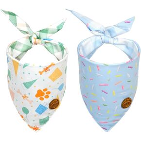 CROWNED BEAUTY Birthday Dog Bandanas Reversible Large 2 Pack, Celebration Set, Plaid Adjustable Triangle Holiday Blue Green Scarves for Medium Large Extra Large Dogs Girl Boy Pets DB43-L