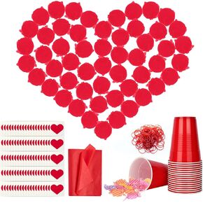 50 Pack Valentine Punting Game Set Valentine Party Favors Diy Guy Box Game تشمل 50 PCS 16oz Red Cup 150 Sheets Rose Red Tissue Paper 100 heart sticker for Holiday Party Supplies