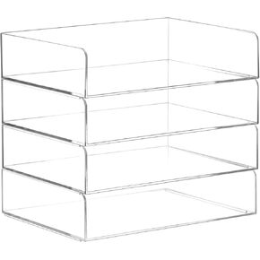 QWORK Stackable 4-Tier Acrylic Letter Tray – Clear File Organizer for Office Desk, No Assembly Needed – 12.4 x 8.74 x 2.68 Inch – Sturdy Transparent Desktop Paper Storage
