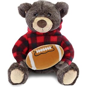 DolliBu Brown Bear Stuffed Animal with Football Plush - Soft Huggable Bear with Red Plaid Hoodie, Adorable Playtime Plush Toy, Cute Sports Gift for Kids and Adults - 10 Inch