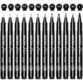 Set of 12 Black Micro-Pen Fineliner Ink Pens - Waterproof Archival ink Fine Point Micro Pen for Multiliner, Sketching, Brush Lettering, Artist Illustration, Technical Drawing, Calligraphy, Scrapbookin