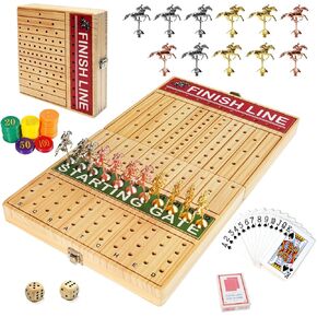 FUNNYB&G 21 inches Horse Race Board Game Foldable Large Horse Racing Game for Adults with 11 Metal Horses, Solid Wood 60 Pcs Poker Chips 2 Dice 1 Pack of Cards for Family Tabletop Parties(Log)