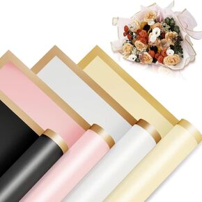 LVOORTOREN 40 Sheets Flower Wrapping Paper, Waterproof Floral Bouquet Wrapping Paper With Gold Border, Florist Supplies Packaging Paper for Valentine's Day Wedding Birthday DIY Crafts (4 Colors)