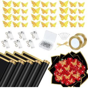 Hzdyopk 186 Pcs Bouquet Wrapping Paper, 40 Sheets Waterproof Floral Wrapping Paper, with 3D Butterflies Bouquet Pin Ribbon and Lights, for Florist Wrap Anniversary Wedding Graduation Gift