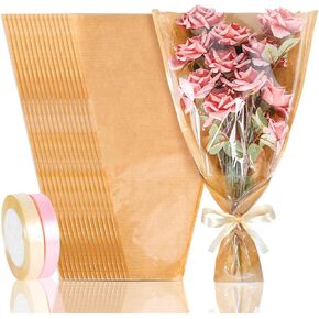 Whaline 50 PCS Kraft Flower Fluping أكياس عيد الحب باقة زهرية صافية الأكمام السيلوفان مع لوازم تعبئة الزهور بني بني لزفاف التخرج الذكرى السنوية ، عيد أم ، كبير