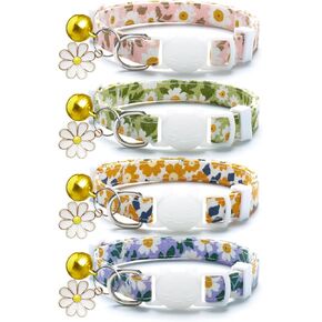 4 Pack Cotton Breakaway Cat Collar with Bell & Flowers Pendant,Cute Pet Kitten Collar for Girl Boy Cats,Pet Supplies,Stuff,Accessories,Gifts