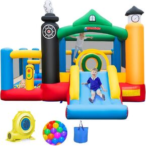 Olakids Bounce House قابلة للنفخ ، موضوع القطار الأطفال القفز القفز مع حافة كرة السلة كرة السلة ، ومسار عقبة داخلي في الهواء الطلق مع 950 واط 6pcs كرات المحيط يحمل كيس
