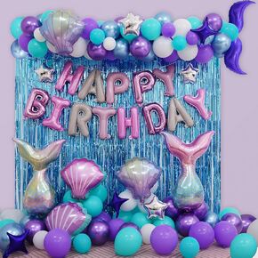 GoGoGoodie Little Mermaid Theme Birthday Party Decorations Supplies for Girls Kids, Purple Mermaid Tail Seashell Foil Balloons Garland Arch Kit for Room Outside Backdrop.