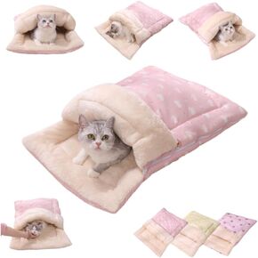 Cat Winter Sleeping Bag, Cat Sleeping Bag for Indoor Cats, Self Warming Cat Bed Cave, Soft Plush Cat Sack Warm Winter Cat Sleeping Bag Bed with Cave Cozy Pet Mat for Kitten (Pink A, M-19.7x27.6in)
