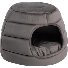 Hollypet Coral Velvet Cat Bed, 16×16×12.5 inches 2 in 1 Foldable Cave, Self-Warming High Elastic Foam Pet Bed for Cats, Light Gray