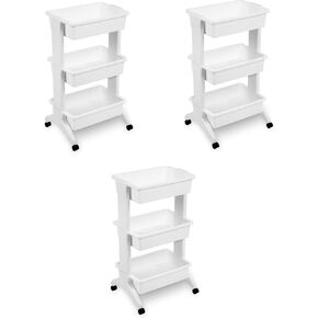 Sterilite 3 Tier Utility Cart, Plastic Bin Rolling Cart with Wheels Organize and Store Items in Home, Easy Assembly, White, 3-Pack