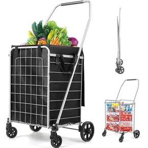 Realife Foldable Shopping Cart with Liner, Portable Utility Cart with Wheels for Grocery and Heavy Duty, 120lbs, Black