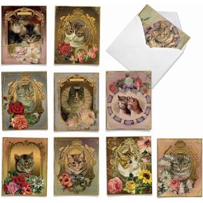 The Best Card Company 10 Assorted Thank You Notecards Box Set 4 x 5.12 Inch with Envelopes (10 Designs, 1 Each) Feline Frames M6638TYG