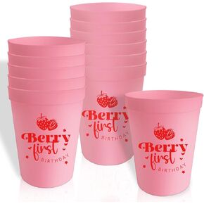 Usumz Berry Sweet 1st Baby Plastic Cups, 16oz Pink Strawberry Birthday Reusable Cups, Strawberry Shortcake Baby Shower Birthday Drinkware, Berry Theme First Birthday Party Supplies 12Pcs