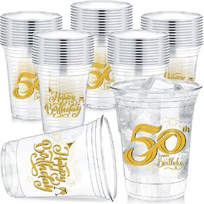 60 PCS 12 Oz 50th Party Party Coups 50th Birthday Tumblers Tumplers Clear Concture احتفل بـ 50 عامًا من الأكواب البلاستيكية التي يمكن التخلص منها لإمدادات حفلة عيد ميلاد الخمسين