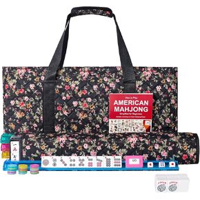 American Mahjong Game Set, 166 Premium White Tiles, 4 All-in-One Color Rack/Pushers, Complete Mahongg Tile Set，Flower Printed Carrying Bag (Rectangular, Black)