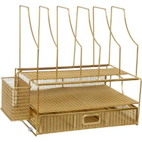 Martha Stewart Ryder Gold Mesh Metal Large Desktop Organizer With Paper File Letter Holder Organizer and Drawer