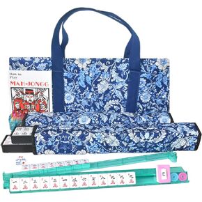 American Mahjong Set,166 Premium White Tiles,4 All-in-One Mahjong Racks/Pushers,Complete Western Mah Jongg with Soft Blue Printed Carrying Bag