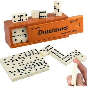 Smilejoy Dominos Set for Adults -Jumbo Size Dominoes Double Six Edition- Classic Board Games- Thick Size Double 6 Domino Set with Deluxe Brown Wood Box, 28 Tiles (2-4 Players)