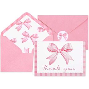 36Pack Pink Bow Thank You Cards with Envelopes Stickers Coquette Cute Party Greeting Cards Pink Bow Blank Note Cards for Wedding Bachelorette Party Birthday Party Invitations Supplies