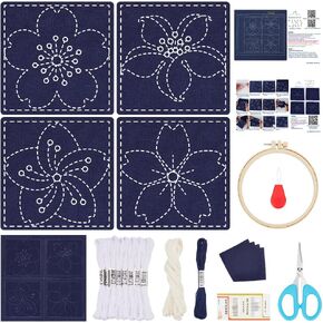 FREEBLOSS 4 Set Sashiko Coasters DIY Kit with Instructions Pre- Printed Sashiko Kit for Beginners Sashiko Practice Project Cherry Blossom Embroidery Kit Sashiko Printed Cloth Coaster for Housewarming