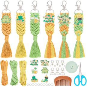 INFUNLY 6 Sets DIY Macrame Keychain Kit with Clover Pendant for St Patrick's Day Macrame Wristlet Kit Macrame Tassel Keyring Kit Macrame Cord Knotting Kit with Instructions for Bag Car Key Women Gift
