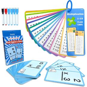 1-12 Math Flash Cards with 6 Dry Erase Pens, 15Pcs Big Multiplication Flash Cards + 36 Pcs Random Double-Sided Multiplication Practice Cards, Educational Math Flashcards for Kids Ages 3+