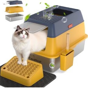 XL Extra Large Stainless Steel Cat Litter Box with Lid, 3-in-1 Enclosed/Open, Durable Metal Litter Box for Big, Multi Cats, Non-Stick, Includes Scoop, Mat, Odor Control Easy Cleaning, Yellow