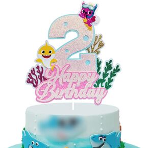 Doo Doo Glitter Shark 2nd Birthday Cake Topper For Baby Girls - Shark Two 2nd Birthday Party Decorations
