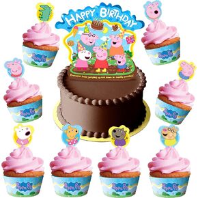 Treasures Gifted Officially Licensed Peppa Pig Birthday Party Supplies - Cake Topper Set - 1 Peppa Pig Cake Topper & 24 Cupcake Toppers with Matching Wrappers - Birthday Party Decorations