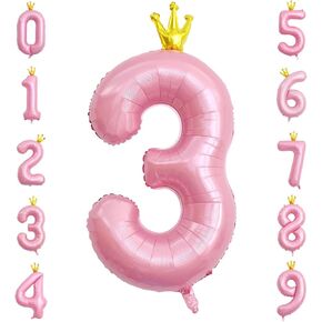 40 Inch Crown Pink Number 3 Balloon, Big Conjoined Baby Pink Foil Mylar Helium 3 Balloon for Girls 3rd Birthday Party Decorations Pink Princess Theme Party Decorations Supplies Anniversary Decor