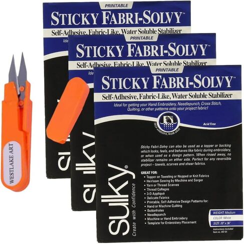 Fabri-Solvy Stabilizer, 1.6 Oz, Bundled with Embroidery Scissors - Water Soluble Stabilizer for Embroidery & Sewing, 20"X36", Dissolvable, Ideal for Delicate Fabrics (Pack of 3) in Saudi Arabia