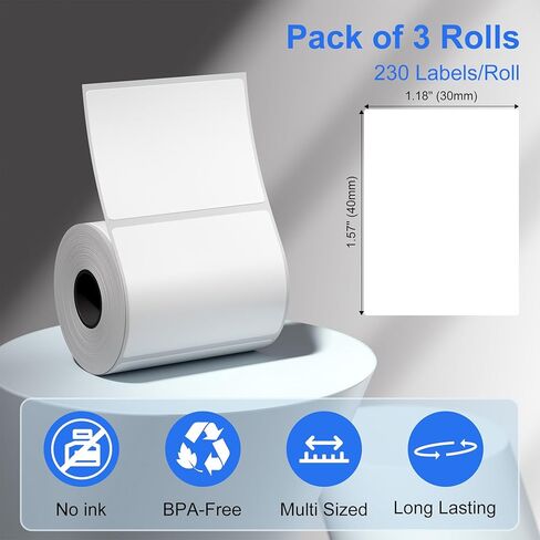 الملصقات الحرارية لـ M110/M221/M220/M120/M200 ، 1.57 "x1.18" (40 × 30 مم) ، 690 علامة/3 لفات ، متوافقة مع صانع الملصقات phomemo ، ملصقات لاصقة متعددة الأغراض للباركود/الشعار/المنزل علامة in Kuwait