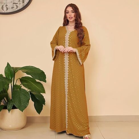 Muslim Abaya Dresses for Women V Neck Kaftan Islamic Prayer Robe Embroidered Bronzing Dress Holiday Evening Dress in Saudi Arabia