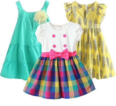 ABALACOCO 3 قطعة فستان بناتي للأطفال من القطن بدون أكمام فستان صيفي غير رسمي مطبوع عليه زهور ربطة عنق توتو للحفلات 2-10T in Kuwait