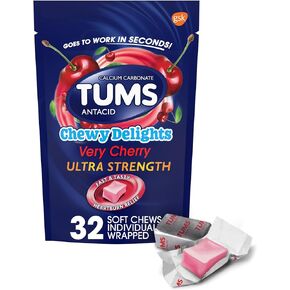 TUMS Chewy Delights Ultra Strength Antacid Soft Chews for Chewable Heartburn Relief and Acid Indigestion Relief, Very Cherry - 32 Count