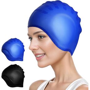 2 Pack Silicone Swim Cap with 3D Ear Protection, Waterproof Swimming Cap Bathing Cap Non-Slip Swim Hats for Men Women Adults Youths Kids for Long or Short Hair