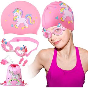 Kids Unicorn Swim Cap with Swimming Goggles and Storage Bag for Kids (Age 3-12), Silicone Waterproof Swimming and Bathing Caps for Long and Short Hair Girls Boys with Ear Plug and Nose Clip