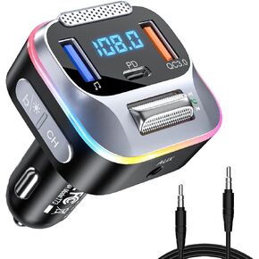 جهاز إرسال FM للسيارة LENCENT Bluetooth 5.0، شاحن سيارة PD+QC3.0، محول موسيقى راديو بلوتوث AUX، ميكروفون لاسلكي كبير وولاعة سجائر صوت HiFi Bass، يدعم مساعد Google Siri بدون استخدام اليدين