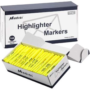 Madisi Highlighters, Chisel Tip, Fluorescent Yellow, Bulk Pack, 144-Count