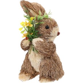 NUOBESTY Standing Bunny Figurine Straw Woven Easter Rabbit Holding Flower Doll Desktop Artificial Animal Model Sculpture Statue for Easter Day Garden Desktop Ornament