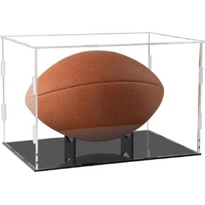 Acrylic Football Display Case Clear Full Size Frame Glass Showcase Box Assemble UV Protection Memorabilia Sports with Black Stand Holder Box Protection Storage