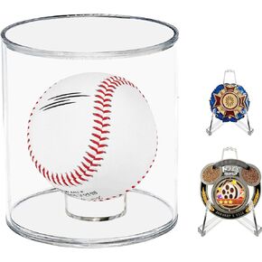 Baseball Display Case Cylinder,Larger Acrylic Display Case 3.5" Dia with Interior Replaceable Baseball Ring Holder & 2 Size-Varied Coin Holders (Round 1 Pack)