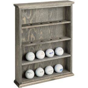 MyGift Wall Mounted Golf Ball Holder Display Case, 4-Tier Vintage Gray Solid Wood Shelf Rack