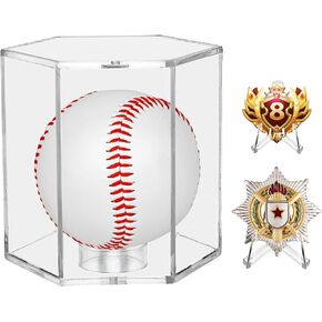 Baseball Display Case UV Protected Acrylic Clear Hexagon Baseball Holder for Tennis Balls,Coins,Memorabilia,with 1 Ball and 2-Coin Racks for Official Size Ball(1Pack)