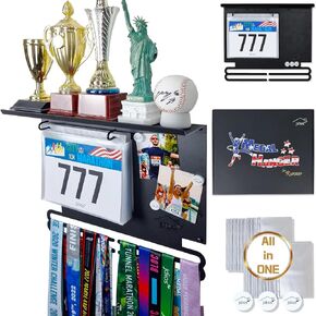 عرض مريلة السباق وشماعة الميداليات مع رف جوائز مقاس 15.7 بوصة، ولوحة عرض الصور - عرض لأكثر من 50 ميدالية وأكثر من 40 مريلة سباق - تتضمن 3 مغناطيسات للصور، و20 حامل صدرية، 2 د.أ أسود (أسود) in Kuwait